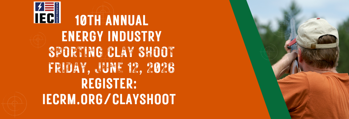 Promotional banner for IEC’s 10th Annual Energy Industry Sporting Clay Shoot on Friday, June 12, 2026; registration at iecrm.org/clayshoot.