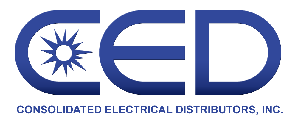 CED logo: blue stylized lettering with a sunburst emblem on the left and the company name 'Consolidated Electrical Distributors, Inc.' below.
