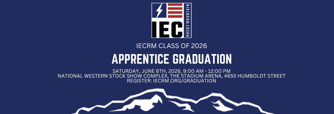IECRM Class of 2026 Apprentice Graduation banner with logo, date, venue, and mountains graphic on a dark blue background.