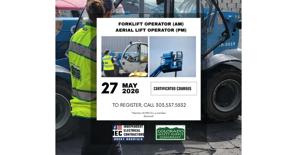 Poster advertising forklift and aerial lift operator training with date May 27, 2026 and contact number 303-537-5832, over a background image of a forklift.