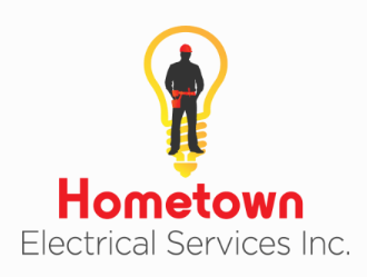 Logo for Hometown Electrical Services Inc.: electrician silhouette inside a yellow light bulb, with 'Hometown' in red and 'Electrical Services Inc.' in gray.
