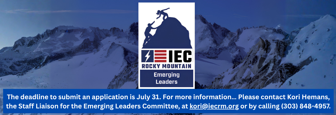 Banner for IEC Rocky Mountain Emerging Leaders program with a snowy mountain background and centered logo; bottom blue bar lists deadline (July 31) and contact kori@iecrm.org or (303) 848-4957.