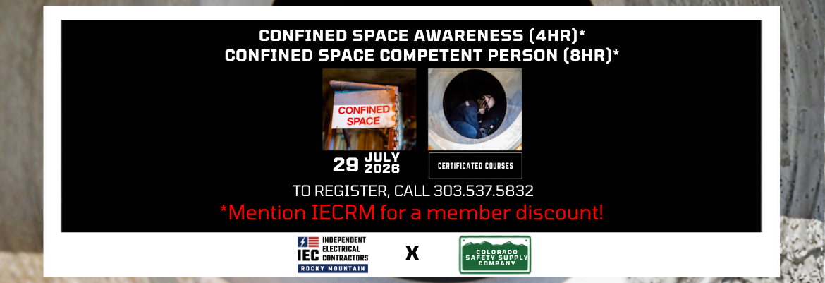 Black promotional banner for Confined Space Awareness (4hr) and Confined Space Competent Person (8hr) courses on July 29, 2026, with contact number and member discount note.