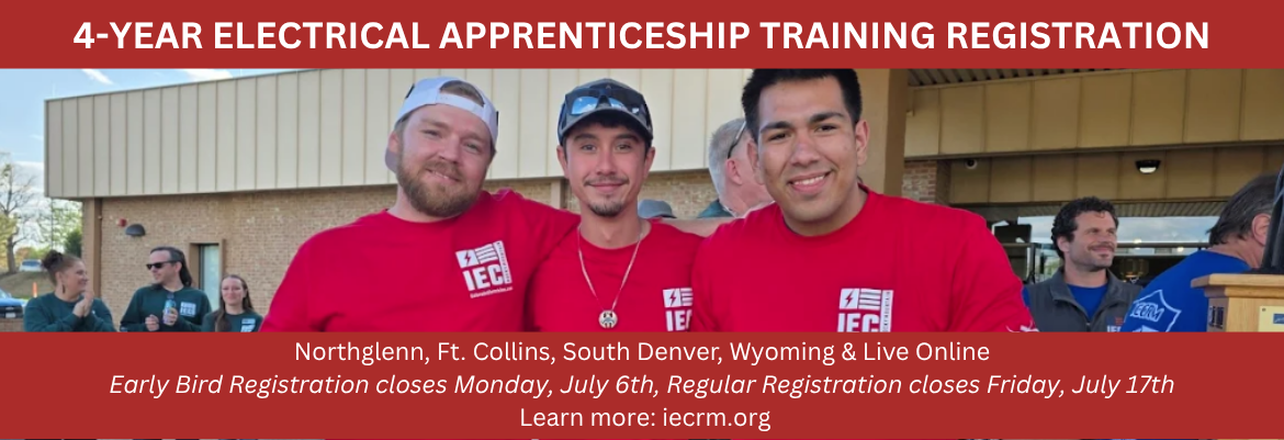 Banner promoting 4-year electrical apprenticeship registration, showing three smiling men in red IEC shirts at an event with location and dates text beneath.