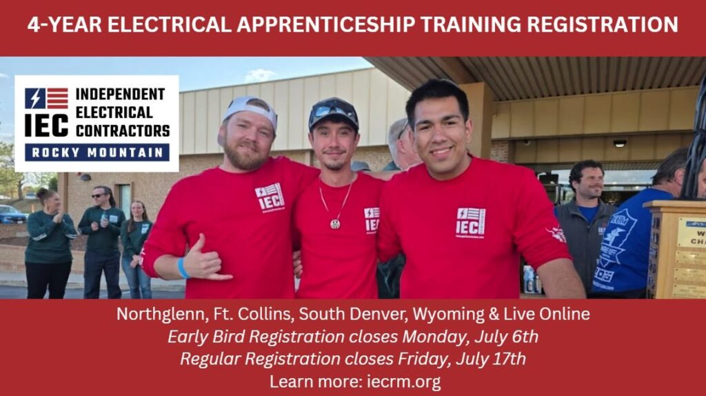 Promotional banner for a 4-year electrical apprenticeship registration with three men in red IEC shirts and the IEC Rocky Mountain logo on the left.
