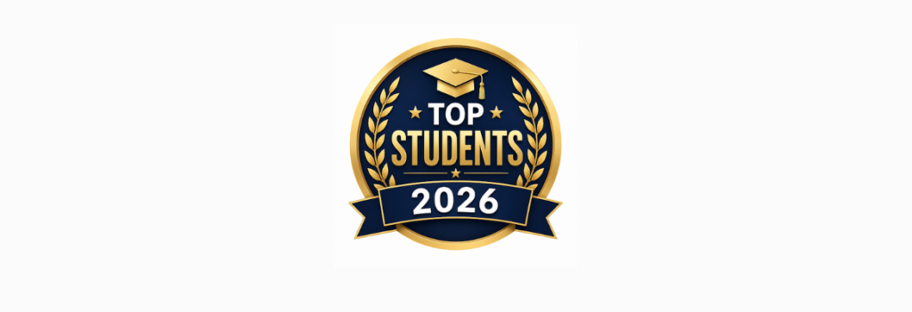 Gold and navy badge reading Top Students 2026 with laurel wreath and graduation cap
