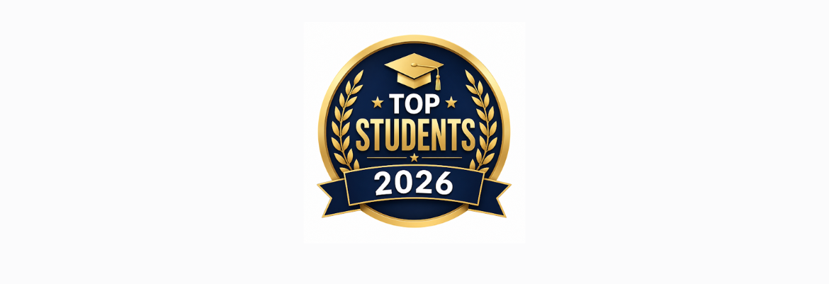 Gold and navy badge reading Top Students 2026 with laurel wreath and graduation cap