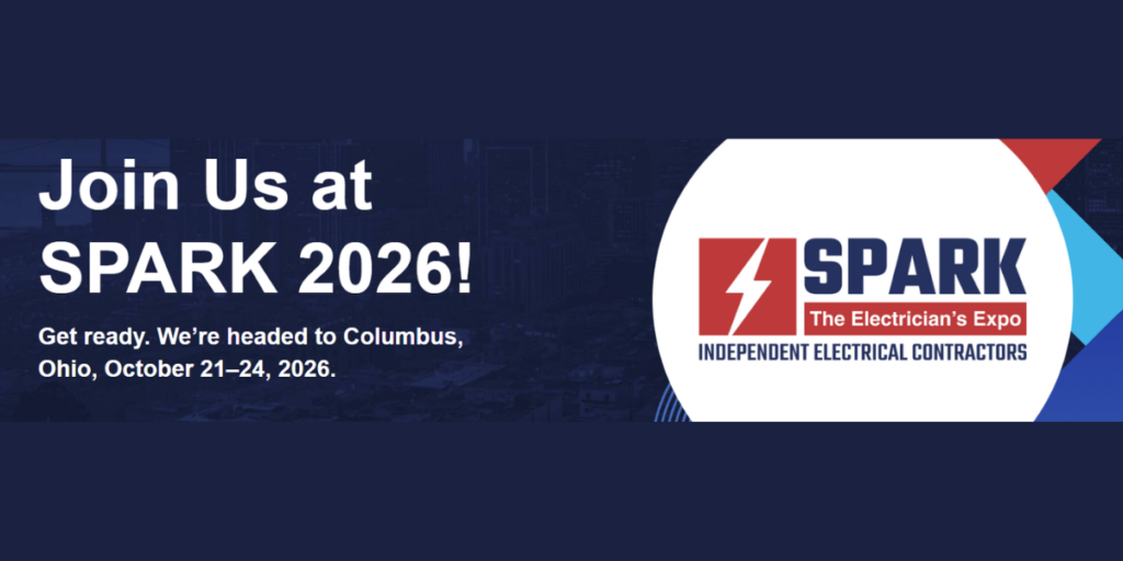 Event banner announcing SPARK 2026 in Columbus, Ohio, Oct 21–24, 2026 with the SPARK logo and 'The Electrician’s Expo' subtitle