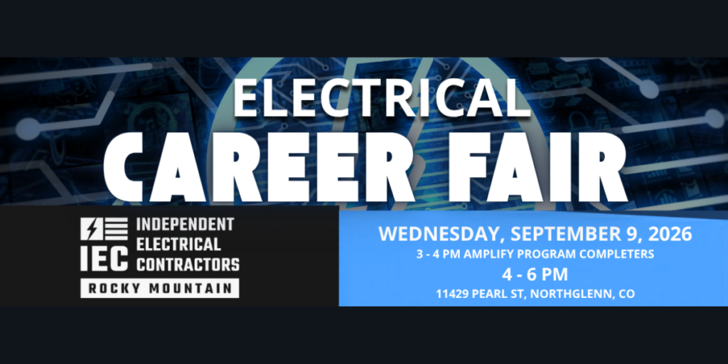 Electrical Career Fair banner with date (Sept 9, 2026) and times (3–4 PM, 4–6 PM) at 11429 Pearl St, Northglenn, CO.
