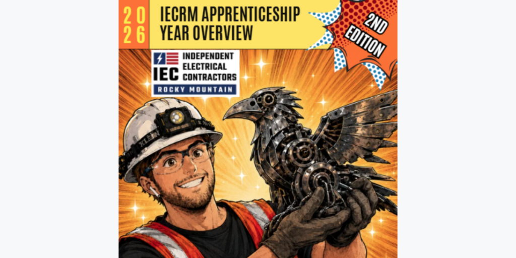 Poster for IECM Apprenticeship Year Overview 2026; a worker in a hard hat holds a metal robotic bird against a dynamic orange background (2nd edition).