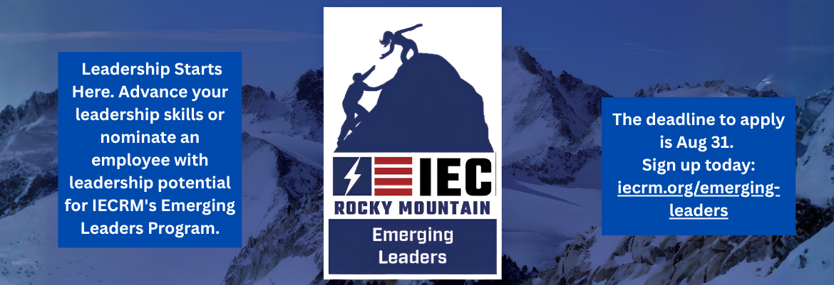Banner promoting IEC Rocky Mountain Emerging Leaders program, with a left blue panel inviting nominations, a central climber logo, and a right blue panel about the Aug 31 deadline and signup link.