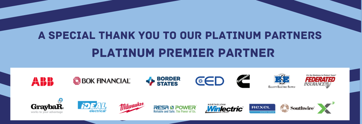 Banner thanking Platinum Partners with the headline 'A SPECIAL THANK YOU TO OUR PLATINUM PARTNERS' and a row of partner logos on a light blue background with dark blue geometric accents.