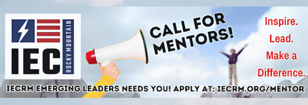 IECRM banner calling for mentors: 'Call for Mentors!' with the IECRM logo on the left and 'Inspire. Lead. Make a Difference.' on the right; includes 'Emerging Leaders Needs You!' and the mentor application URL at the bottom.