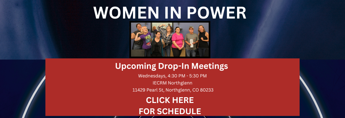 Banner for Women in Power with a group photo and a red panel listing Upcoming Drop-In Meetings, Wednesdays 4:30–5:30 PM, Northglenn, CO with address and a 'Click Here for Schedule' CTA.